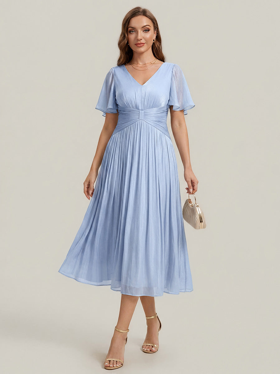 Ruffled Sea-island Ruffle Sleeve Midi Wedding Guest Dress #color_Dusty Blue