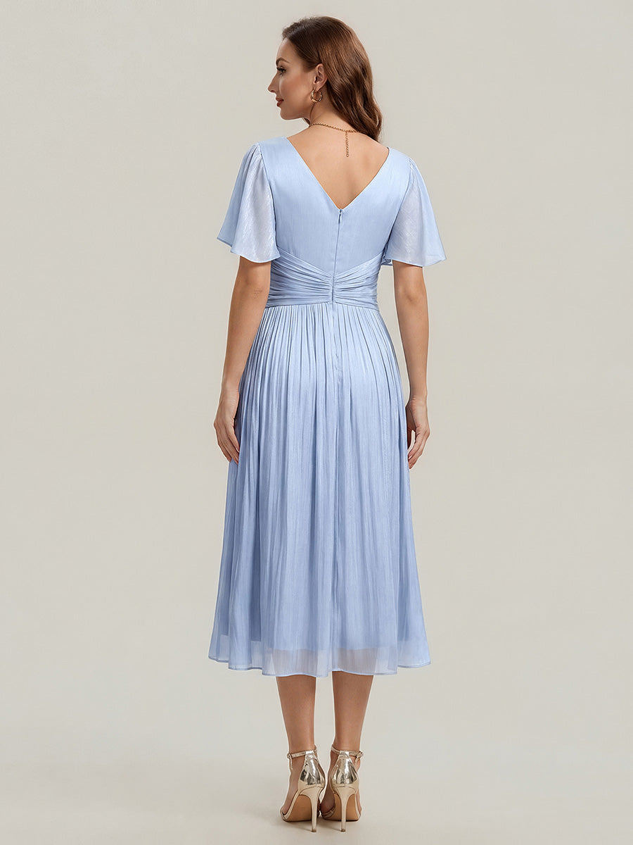 Ruffled Sea-island Ruffle Sleeve Midi Wedding Guest Dress #color_Dusty Blue