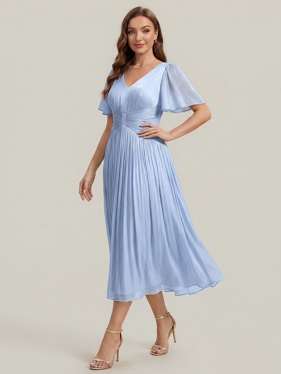 Ruffled Sea-island Ruffle Sleeve Midi Wedding Guest Dress #color_Dusty Blue