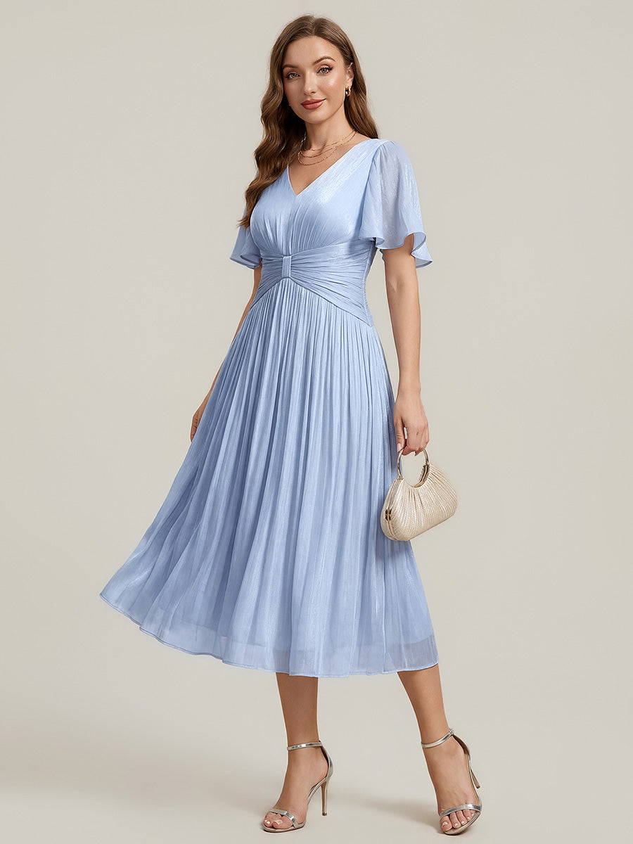 Ruffled Sea-island Ruffle Sleeve Midi Wedding Guest Dress #color_Dusty Blue