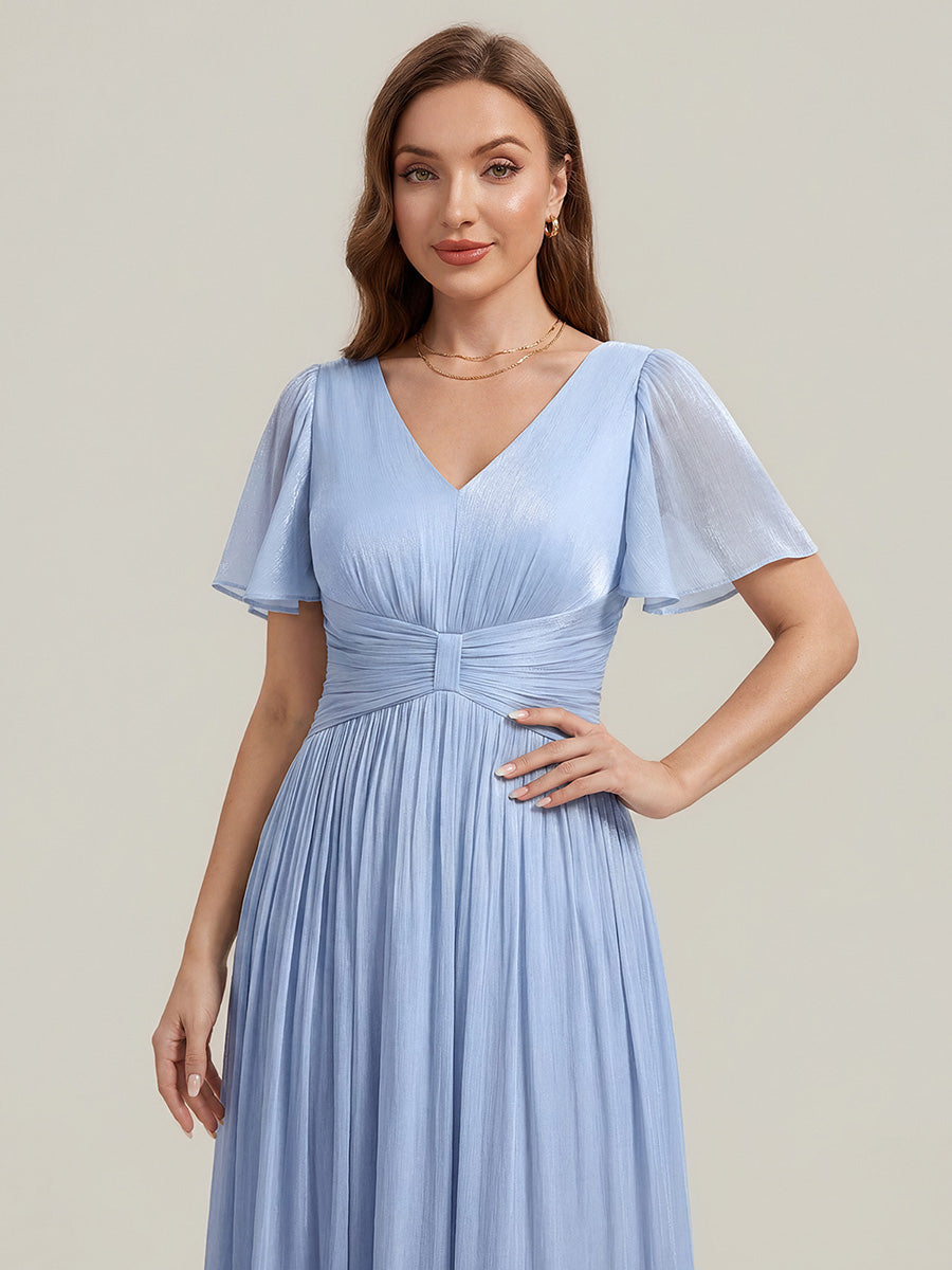 Ruffled Sea-island Ruffle Sleeve Midi Wedding Guest Dress #color_Dusty Blue