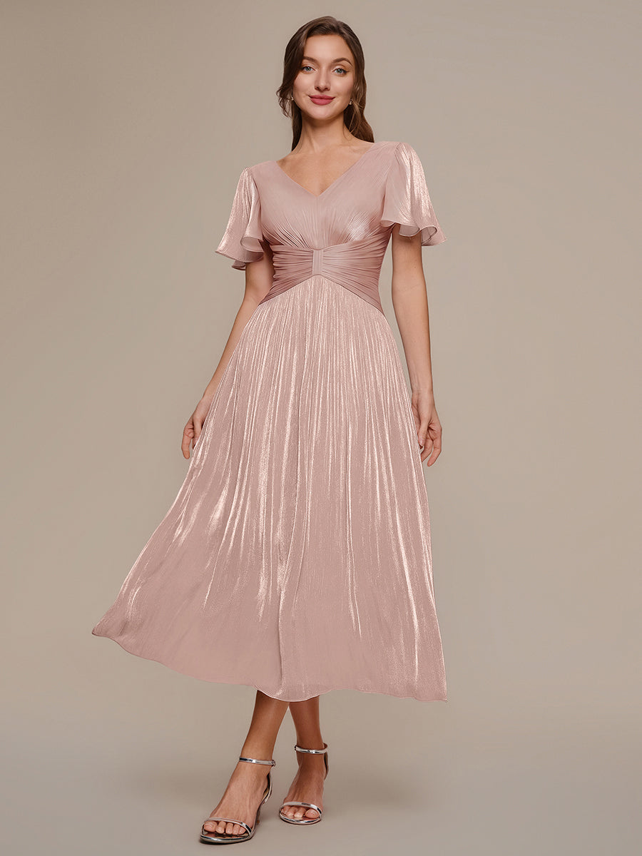 Ruffled Sea-island Ruffle Sleeve Midi Wedding Guest Dress #color_Dusty Rose
