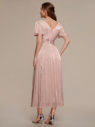 Ruffled Sea-island Ruffle Sleeve Midi Wedding Guest Dress #color_Dusty Rose