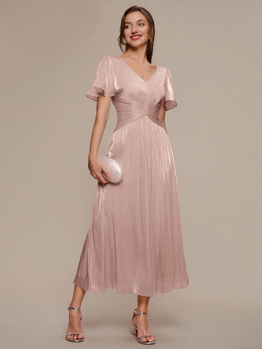 Ruffled Sea-island Ruffle Sleeve Midi Wedding Guest Dress #color_Dusty Rose
