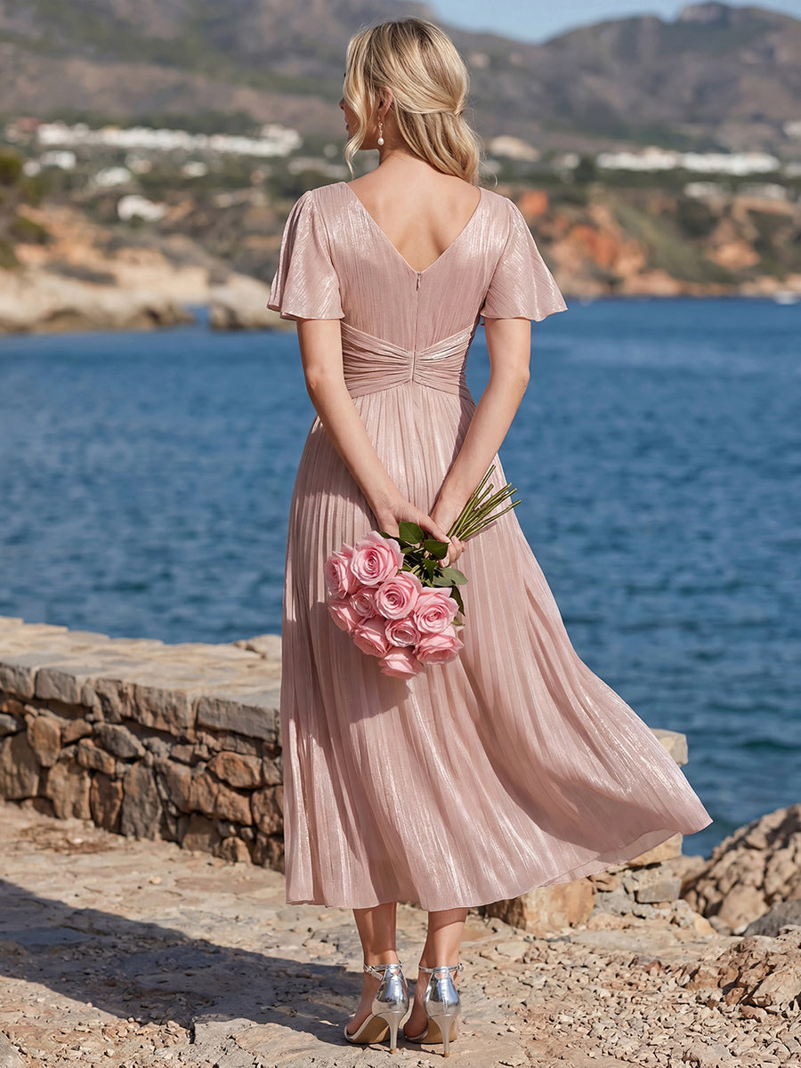 Ruffled Sea-island Ruffle Sleeve Midi Wedding Guest Dress #color_Dusty Rose