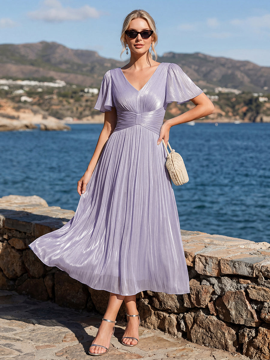 Ruffled Sea-island Ruffle Sleeve Midi Wedding Guest Dress #color_Frosted Lilac