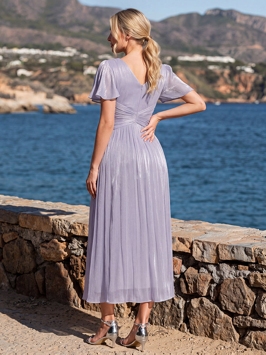 Ruffled Sea-island Ruffle Sleeve Midi Wedding Guest Dress #color_Frosted Lilac