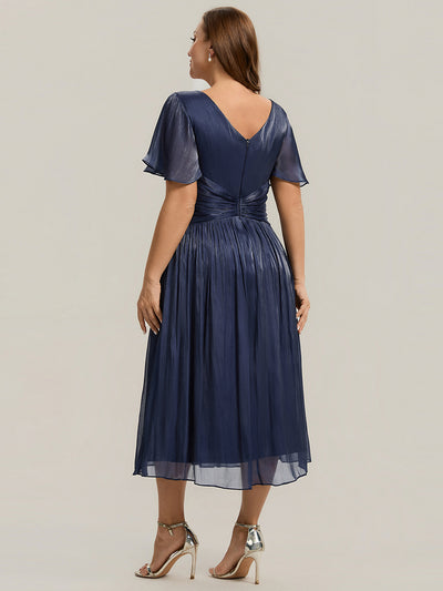Plus Size Gathered Sea-island Wedding Guest Dress #color_Navy Blue