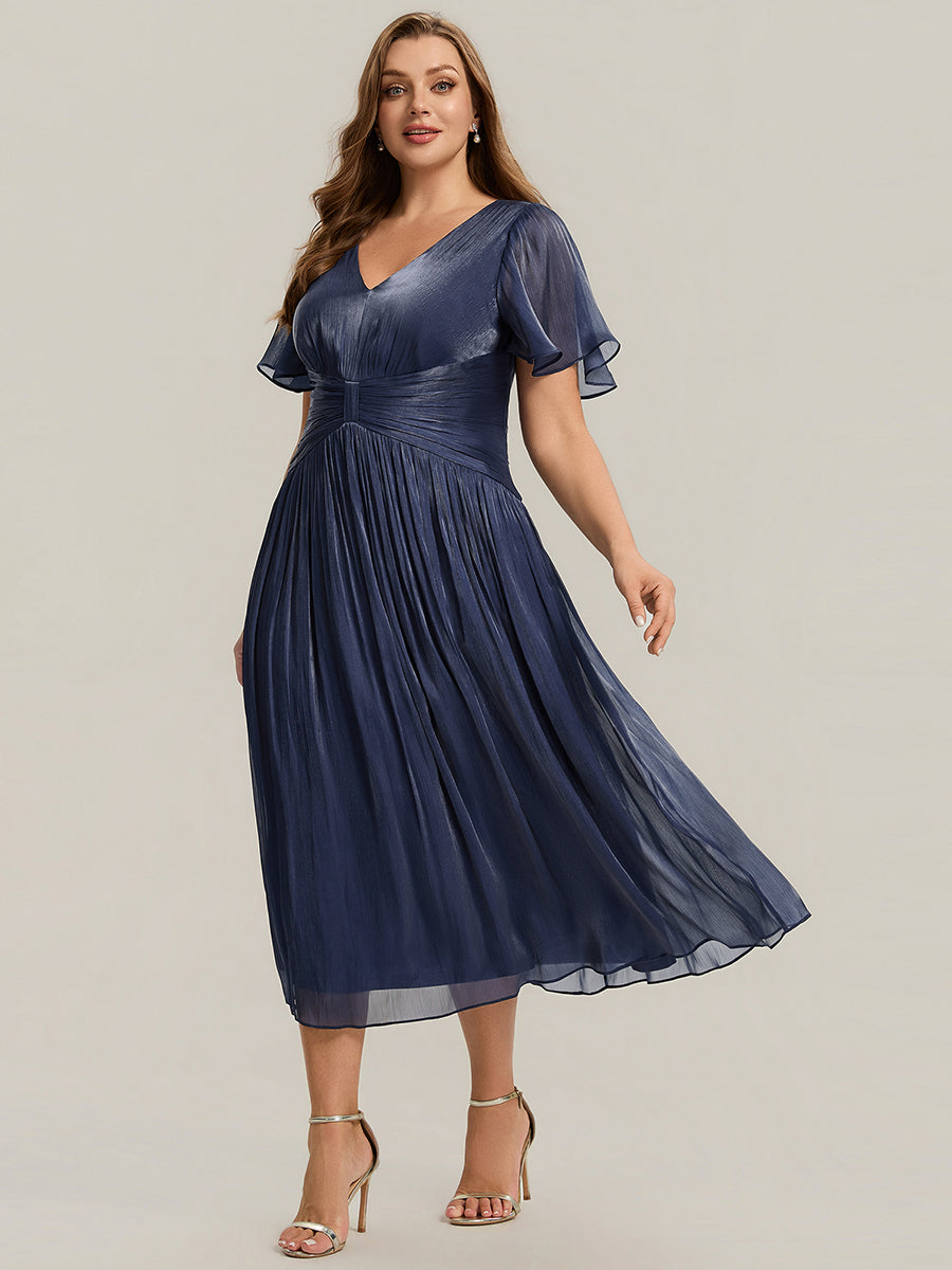 Plus Size Gathered Sea-island Wedding Guest Dress #color_Navy Blue