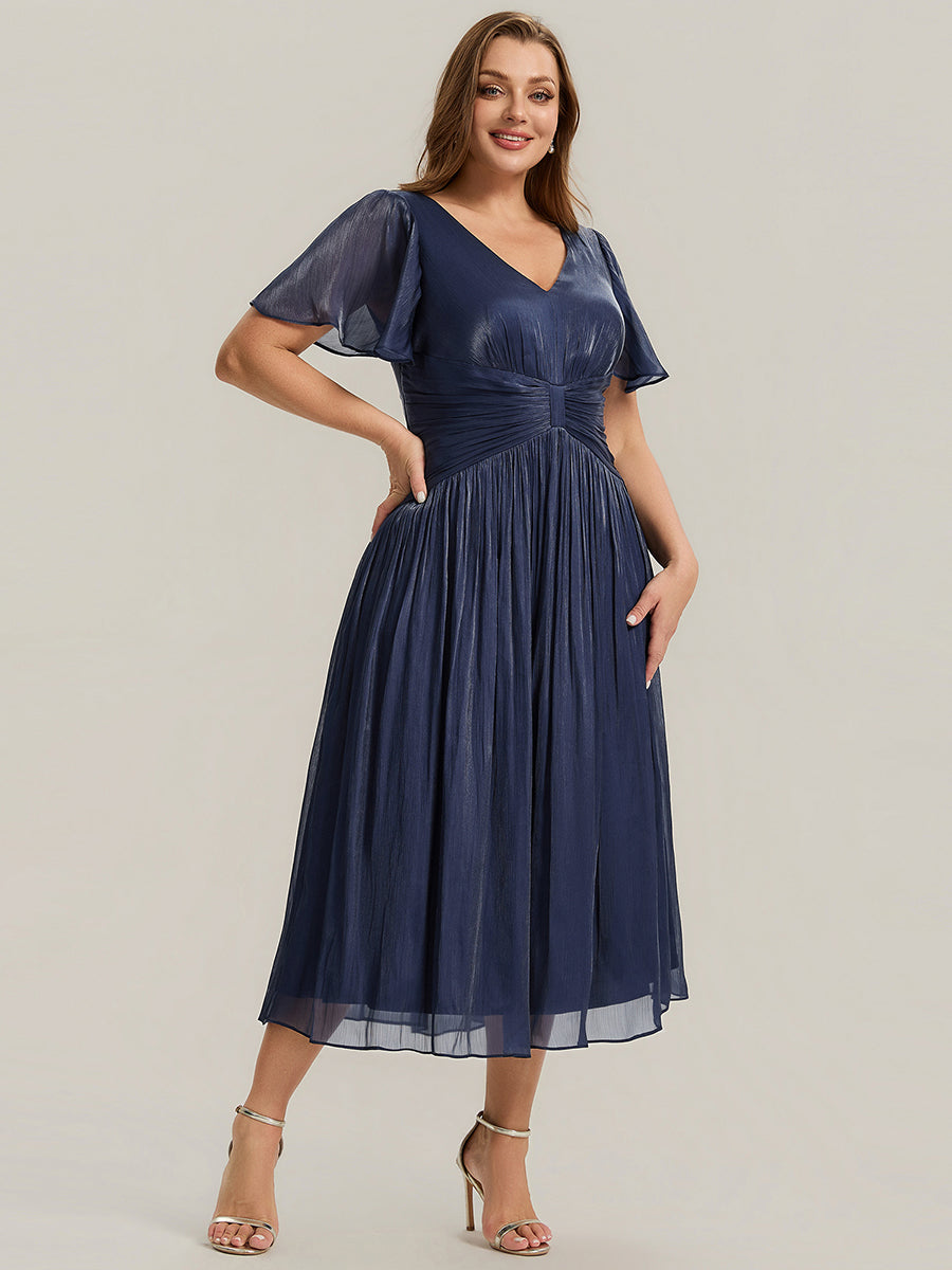 Plus Size Gathered Sea-island Wedding Guest Dress #color_Navy Blue