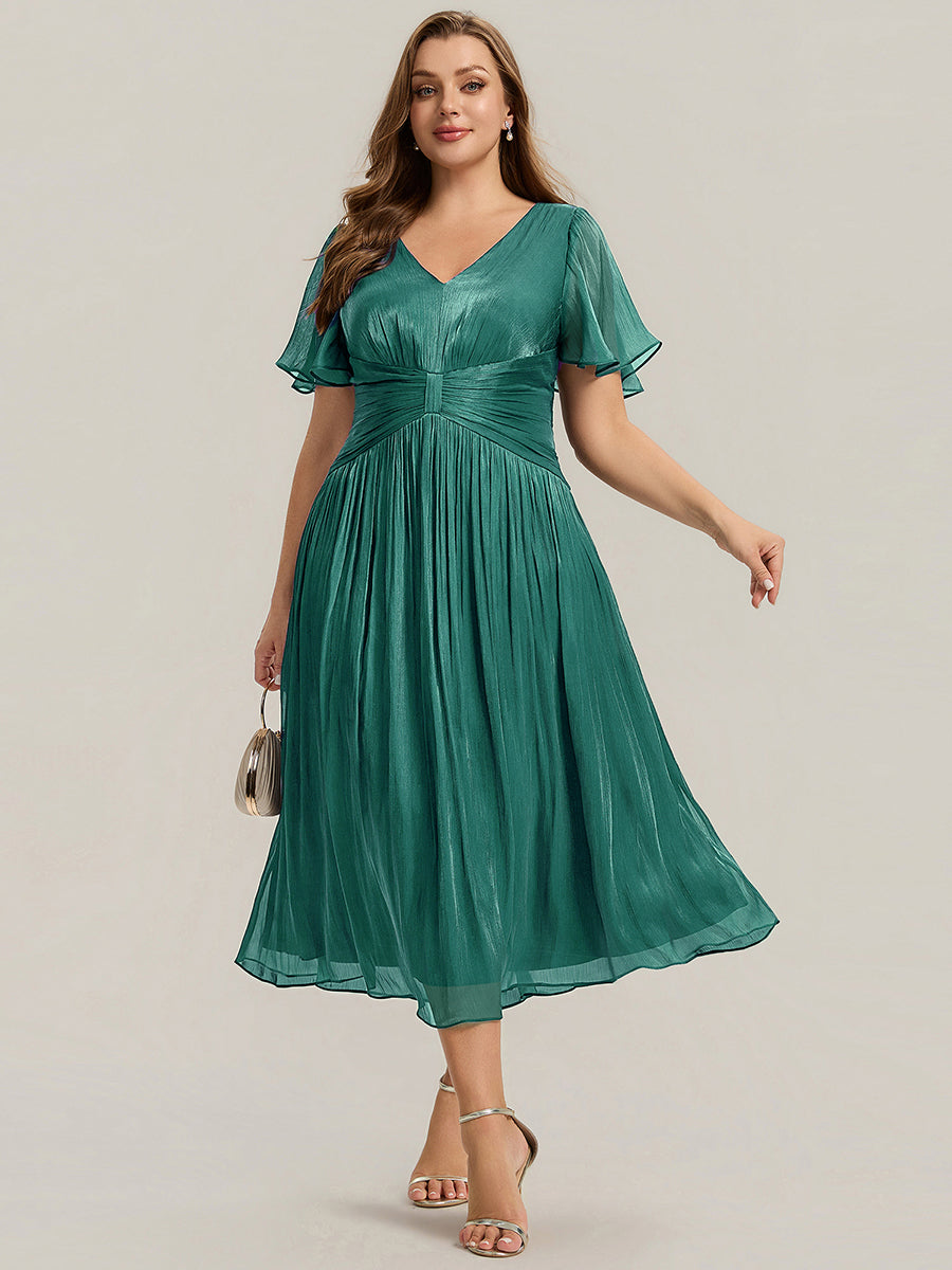 Ruffled Sea-island Ruffle Sleeve Midi Wedding Guest Dress #color_Teal Blue