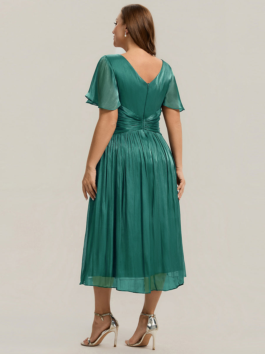 Plus Size Gathered Sea-island Wedding Guest Dress #color_Teal Blue