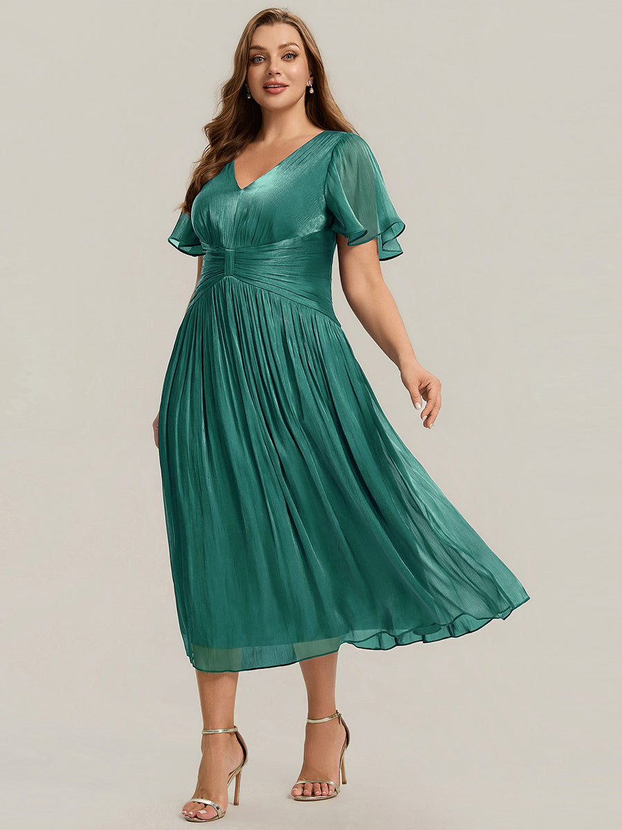 Ever-Pretty Plus Size Empire Waist Flowy Midi Dress with Flutter Sleeves for Fall Wedding Guest