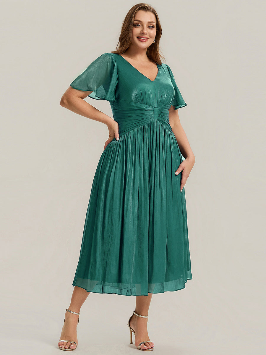 Ruffled Sea-island Ruffle Sleeve Midi Wedding Guest Dress #color_Teal Blue