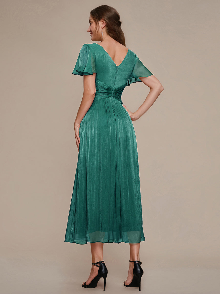 Ruffled Sea-island Ruffle Sleeve Midi Wedding Guest Dress #color_Teal Blue