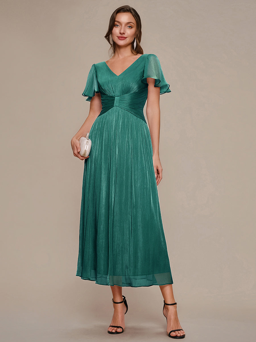 Ruffled Sea-island Ruffle Sleeve Midi Wedding Guest Dress #color_Teal Blue