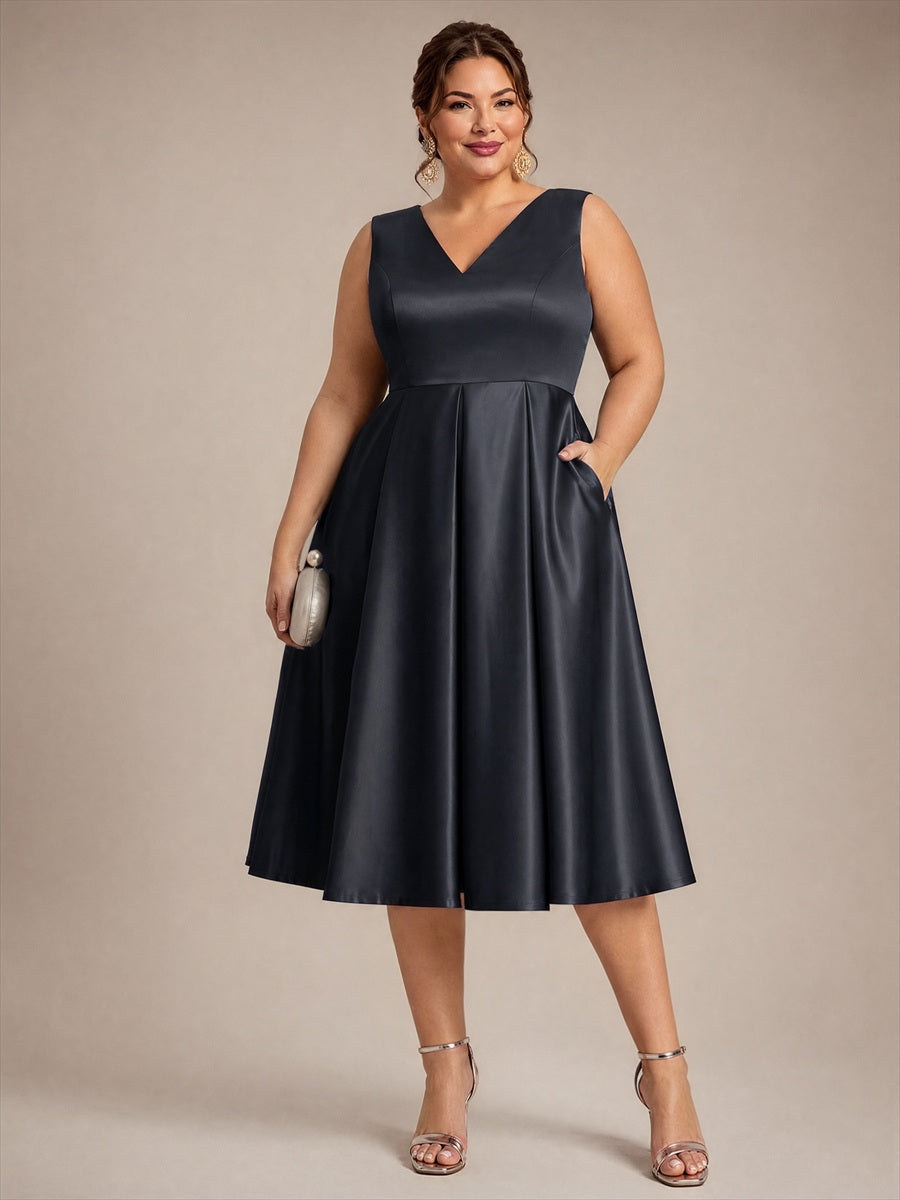 Pleated Satin Sleeveless Wedding Guest Dress #color_Black