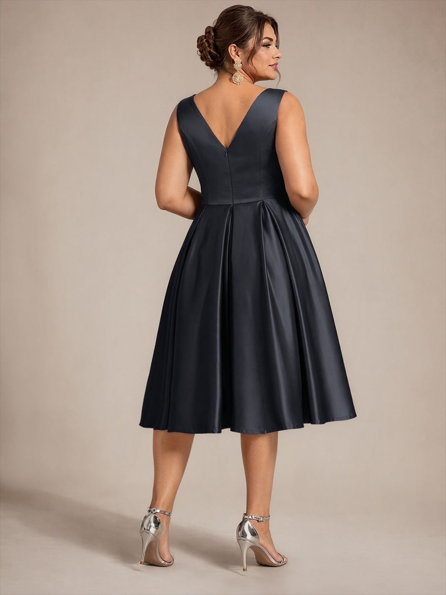 Pleated Satin Sleeveless Wedding Guest Dress #color_Black