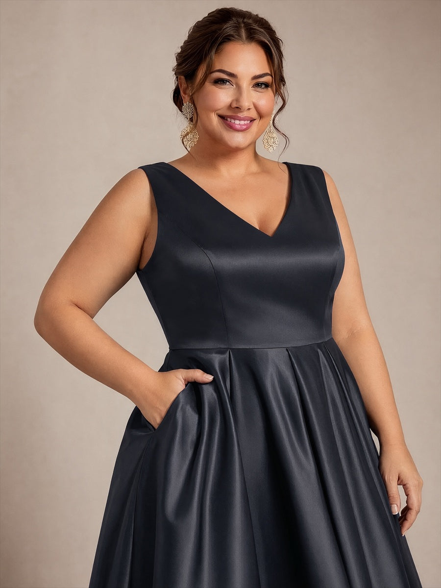 Pleated Satin Sleeveless Wedding Guest Dress #color_Black