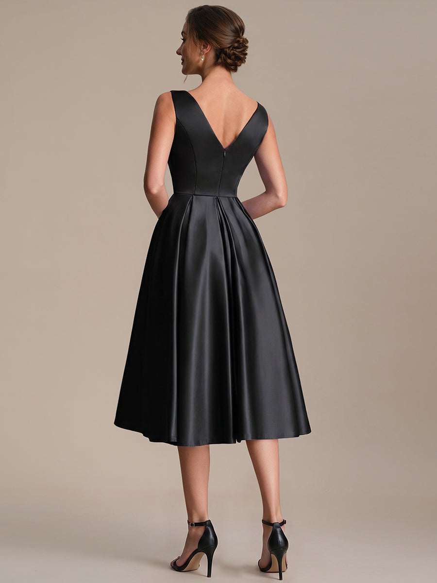Pleated Satin Sleeveless Wedding Guest Dress #color_Black