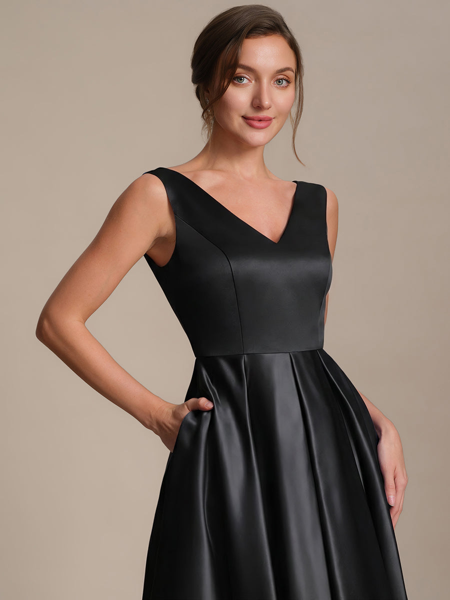 Pleated Satin Sleeveless Wedding Guest Dress #color_Black