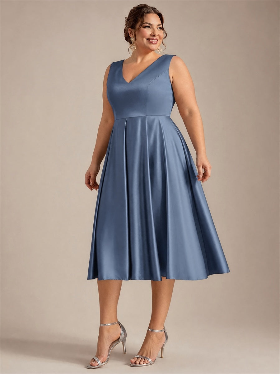 Pleated Satin Sleeveless Wedding Guest Dress #color_Dusty Blue