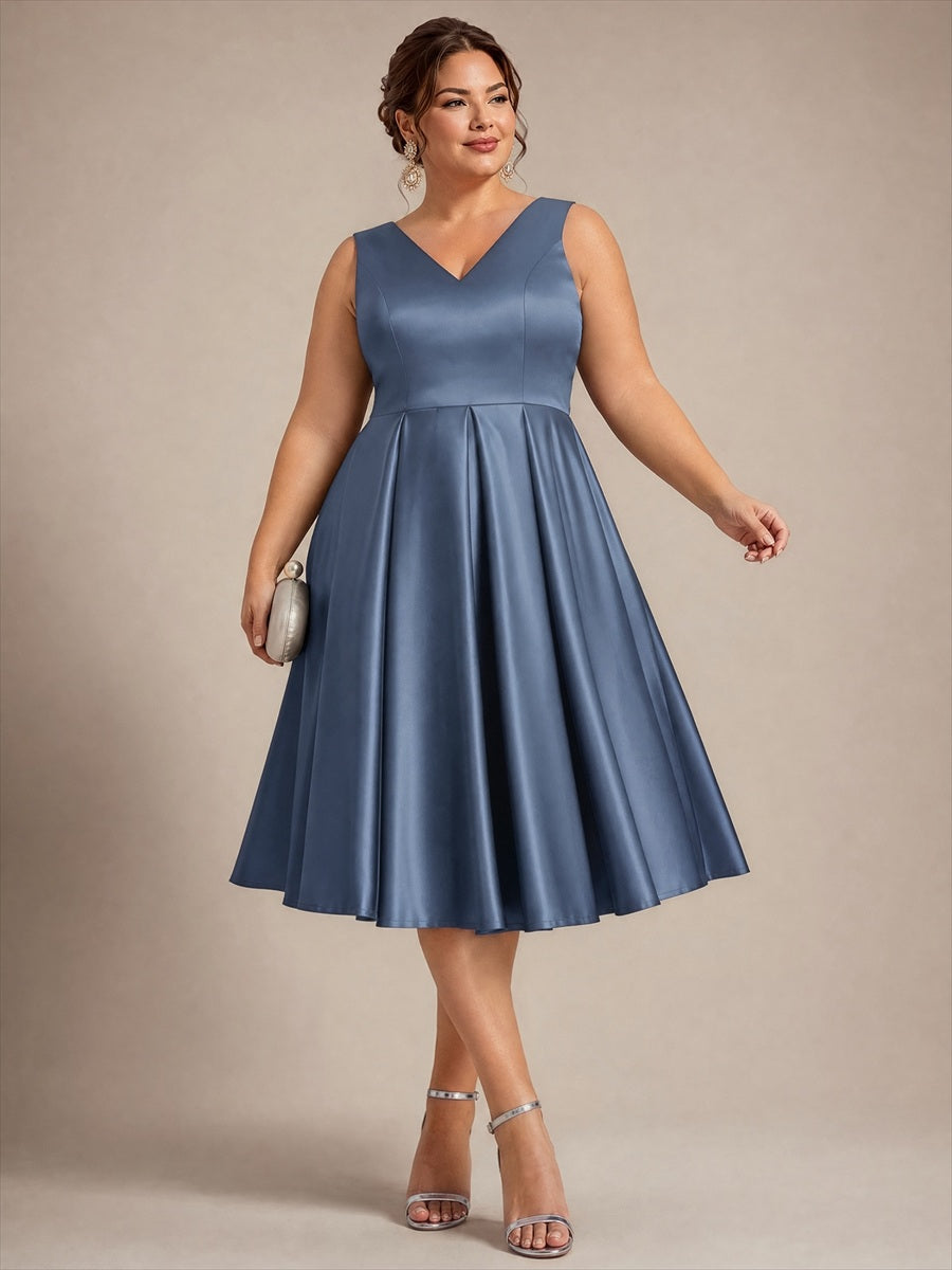 Pleated Satin Sleeveless Wedding Guest Dress #color_Dusty Blue
