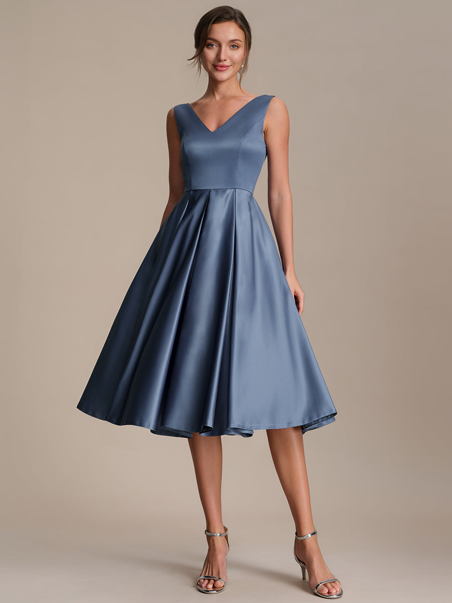 Pleated Satin Sleeveless Wedding Guest Dress #color_Dusty Blue