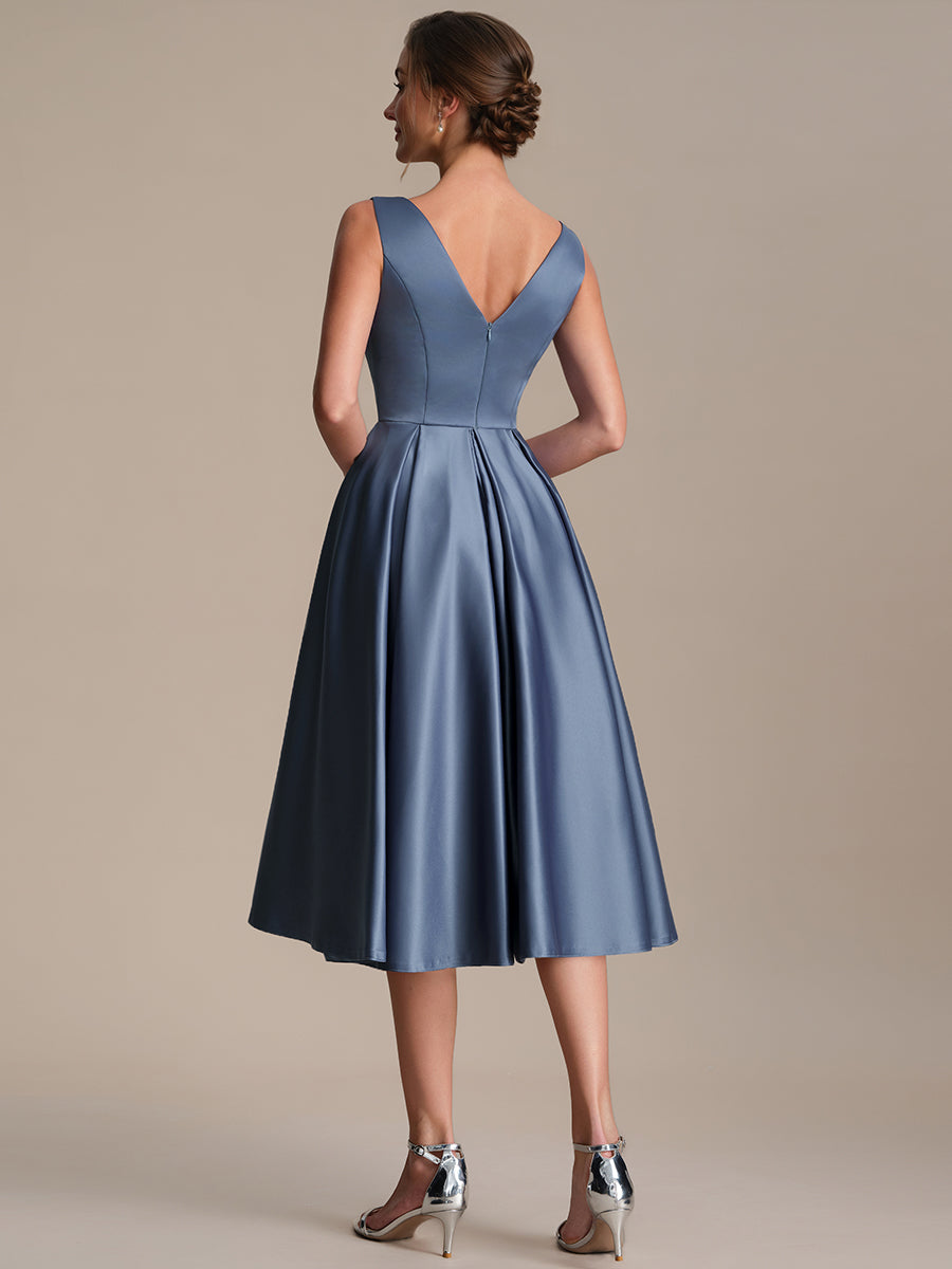 Pleated Satin Sleeveless Wedding Guest Dress #color_Dusty Blue