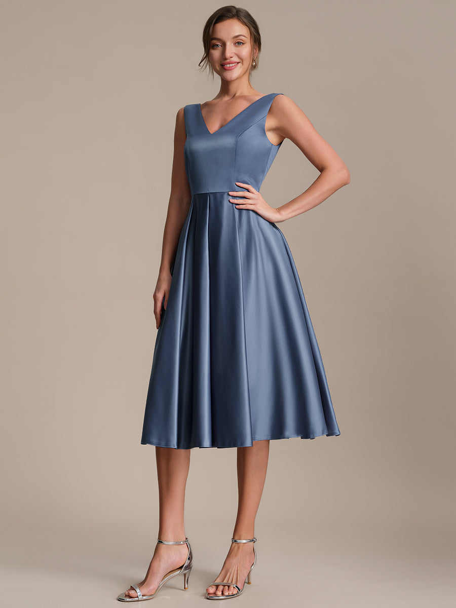 Pleated Satin Sleeveless Wedding Guest Dress #color_Dusty Blue