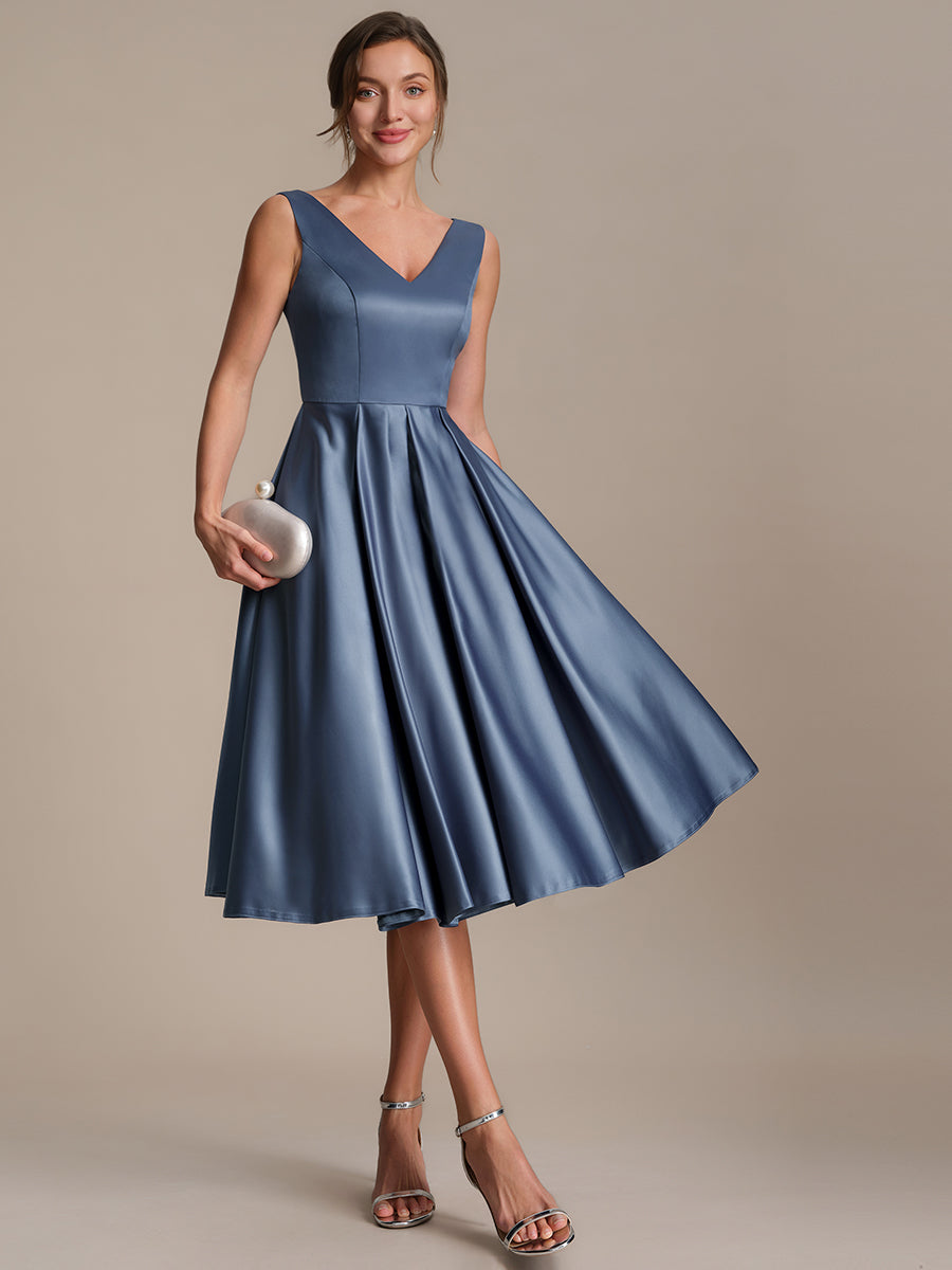 Pleated Satin Sleeveless Wedding Guest Dress #color_Dusty Blue