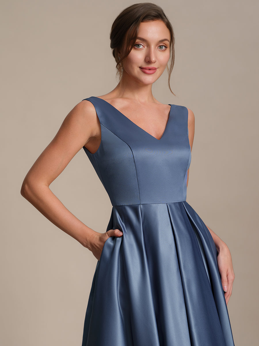 Pleated Satin Sleeveless Wedding Guest Dress #color_Dusty Blue
