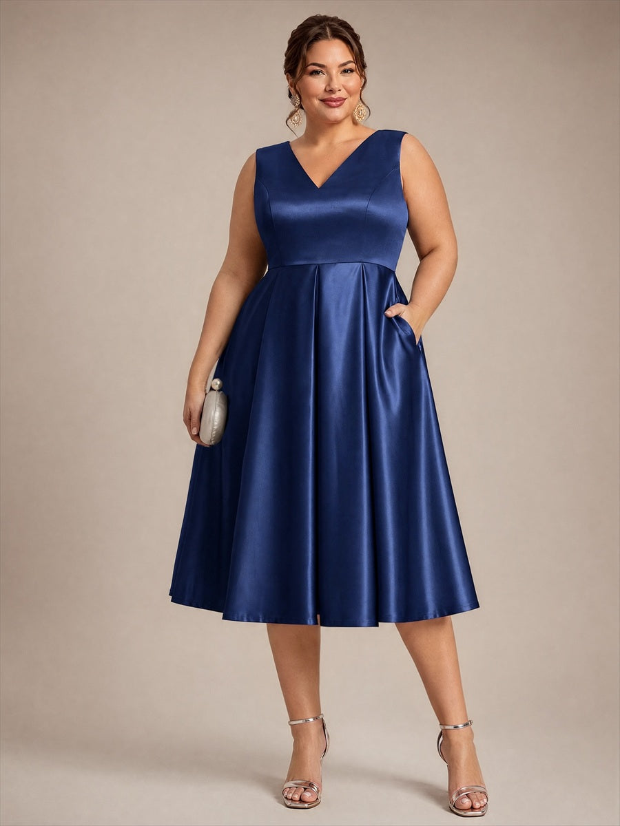 Pleated Satin Sleeveless Wedding Guest Dress #color_Navy Blue