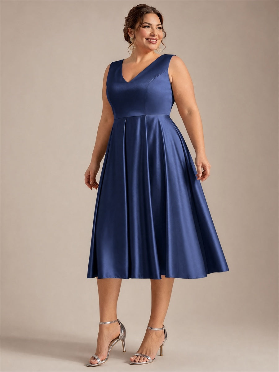 Pleated Satin Sleeveless Wedding Guest Dress #color_Navy Blue