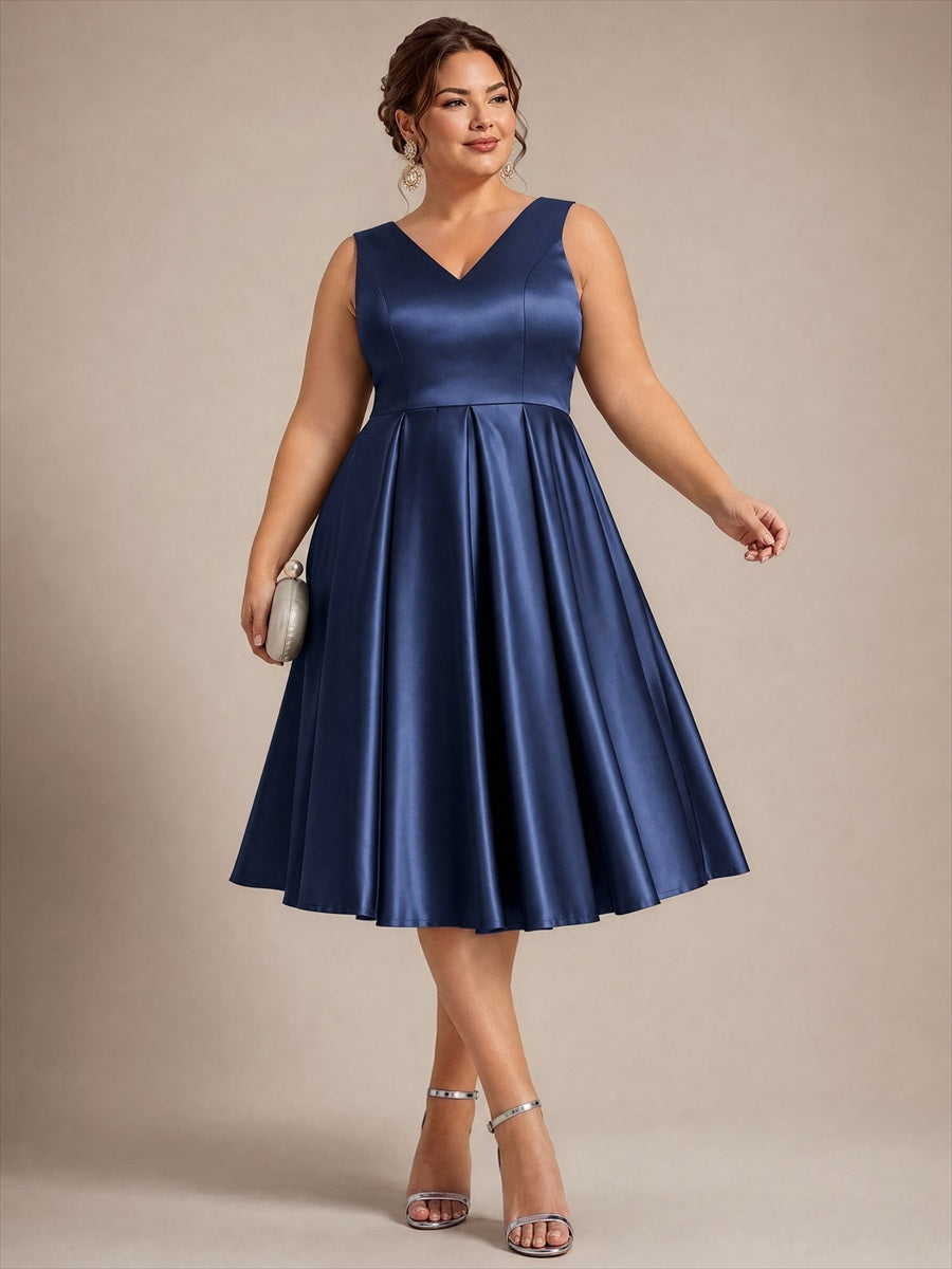 Pleated Satin Sleeveless Wedding Guest Dress #color_Navy Blue