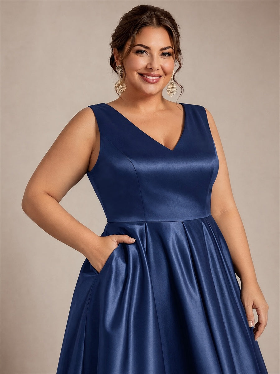 Pleated Satin Sleeveless Wedding Guest Dress #color_Navy Blue