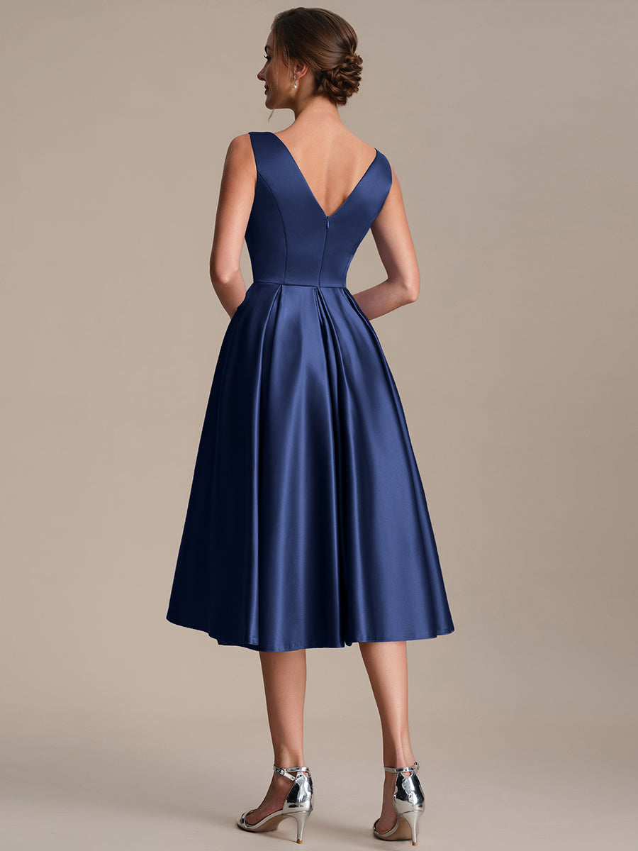Pleated Satin Sleeveless Wedding Guest Dress #color_Navy Blue