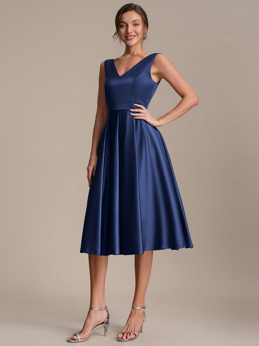 Pleated Satin Sleeveless Wedding Guest Dress #color_Navy Blue
