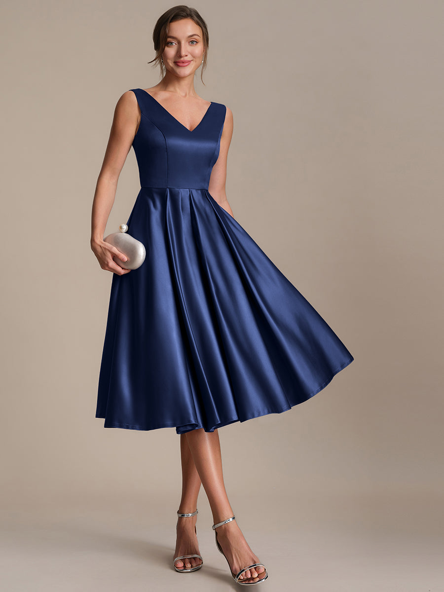 Pleated Satin Sleeveless Wedding Guest Dress #color_Navy Blue