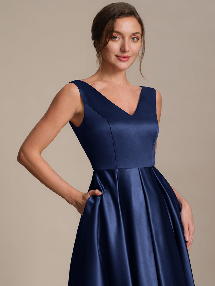 Pleated Satin Sleeveless Wedding Guest Dress #color_Navy Blue