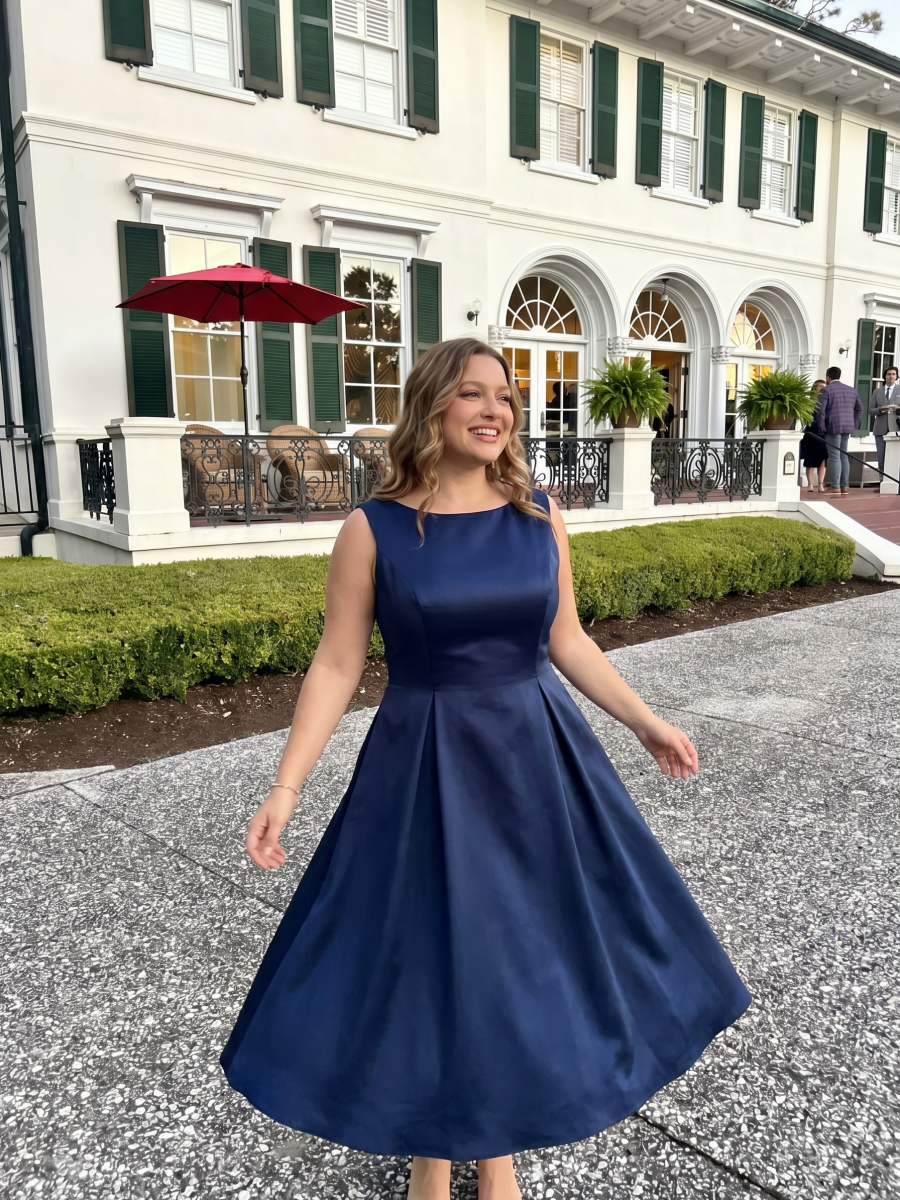 Plus Size Pocket Satin Wedding Guest Dress #color_Navy Blue