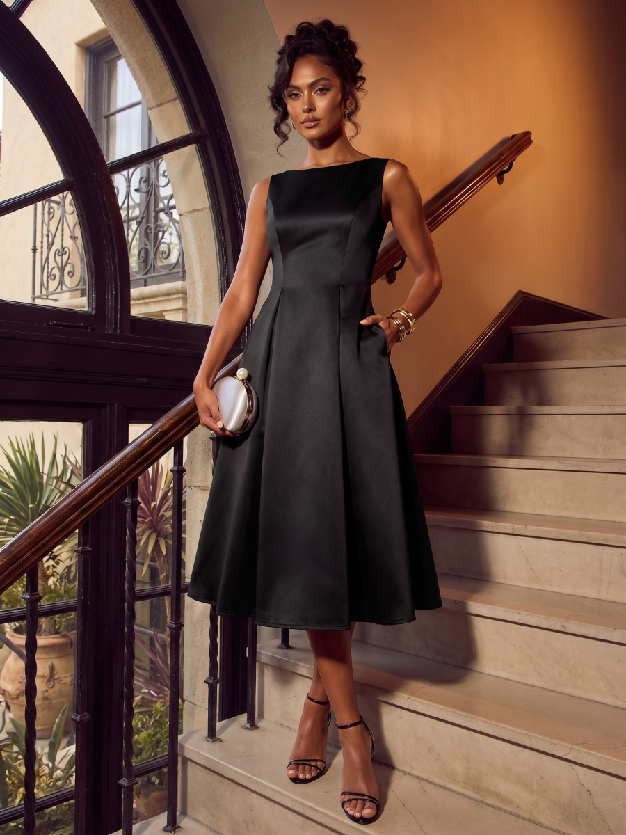 black dress for formal wedding Ever-Pretty Satin Sleeveless Midi Midi with Pockets black wedding guest dress