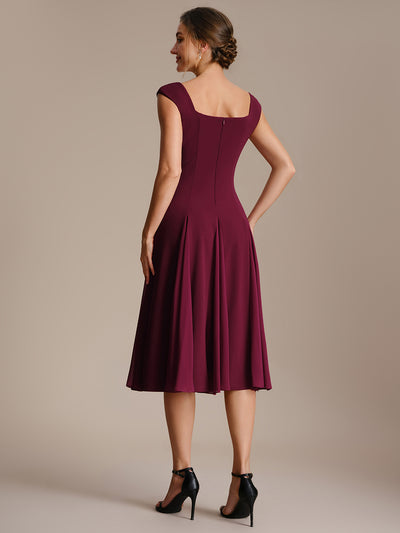 A-Line Midi Cap Sleeve Wedding Guest Dress #color_Burgundy