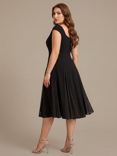 Plus Size Cap Sleeve Wedding Guest Dress #color_Black