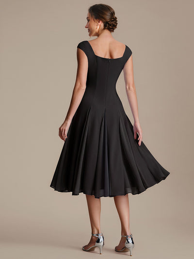 A-Line Midi Cap Sleeve Wedding Guest Dress #color_Black