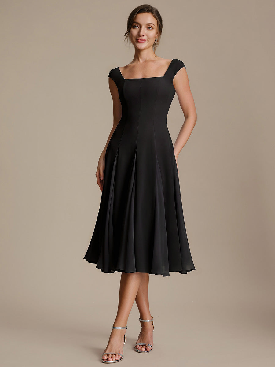 A-Line Midi Cap Sleeve Wedding Guest Dress #color_Black