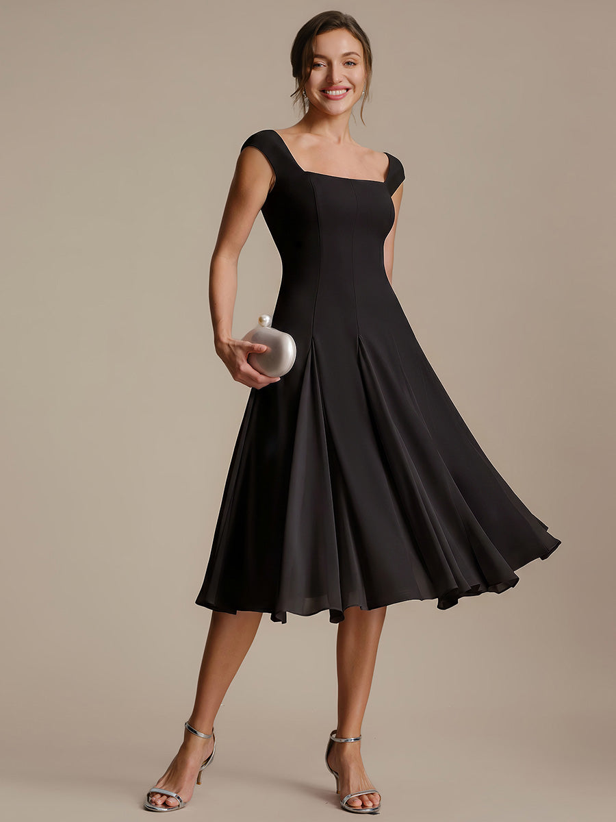 A-Line Midi Cap Sleeve Wedding Guest Dress #color_Black