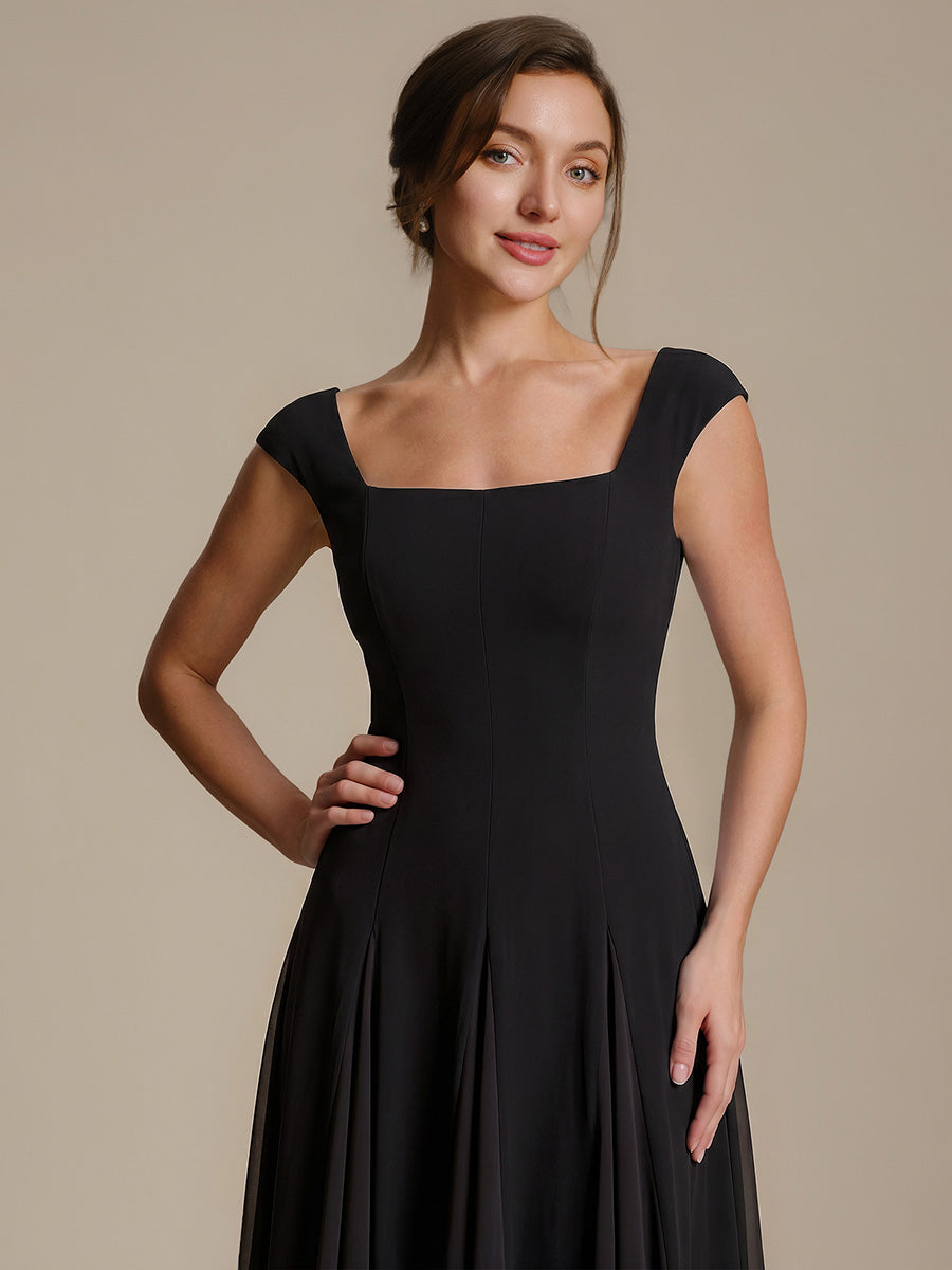 A-Line Midi Cap Sleeve Wedding Guest Dress #color_Black