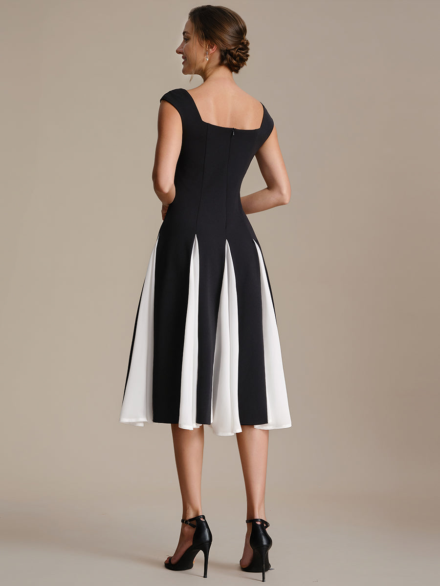A-Line Midi Cap Sleeve Wedding Guest Dress #color_Ivory-Black
