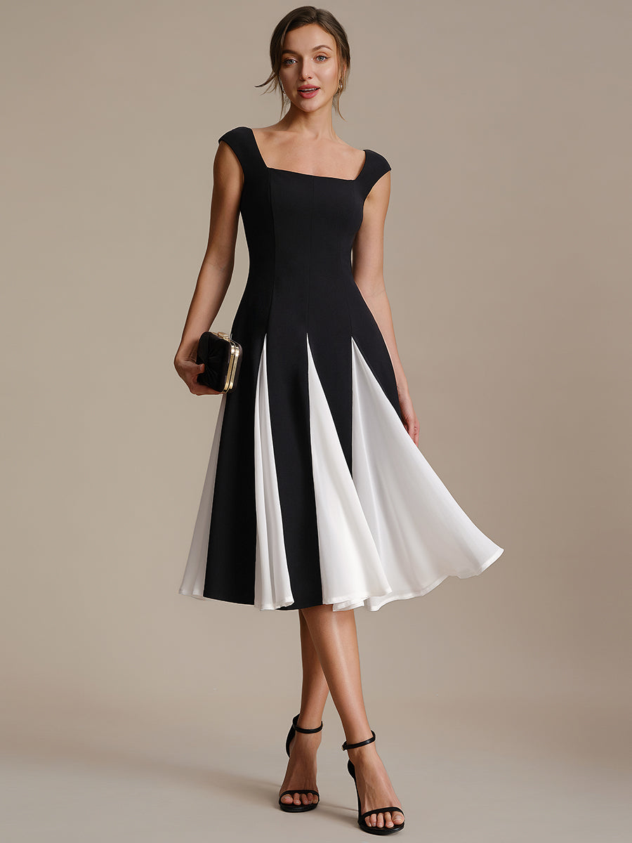 A-Line Midi Cap Sleeve Wedding Guest Dress #color_Ivory-Black